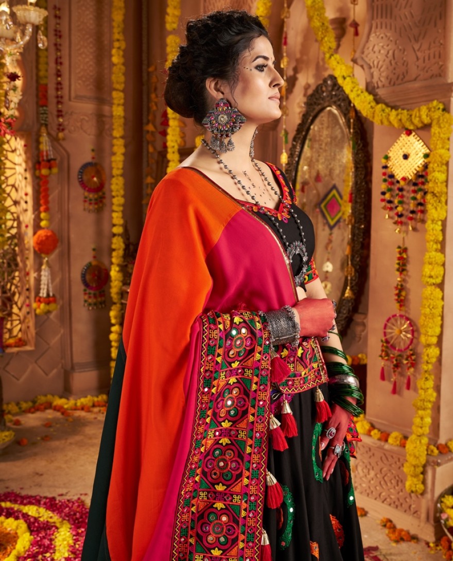 11012 - PRETTY BLACK MIRROR WORK NAVRATRI WEAR LEHENGA CHOLI WITH DUPATTA